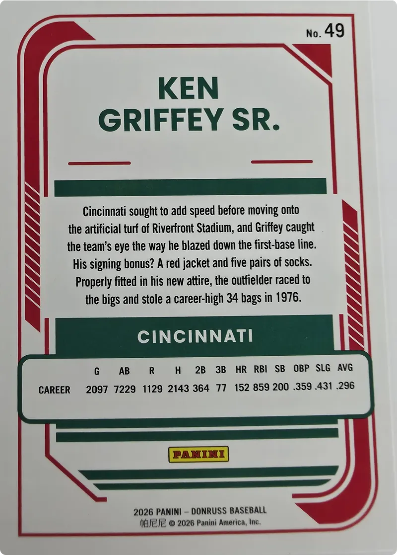 2026 Donruss Baseball Ken Griffey Sr. #49 Base, back