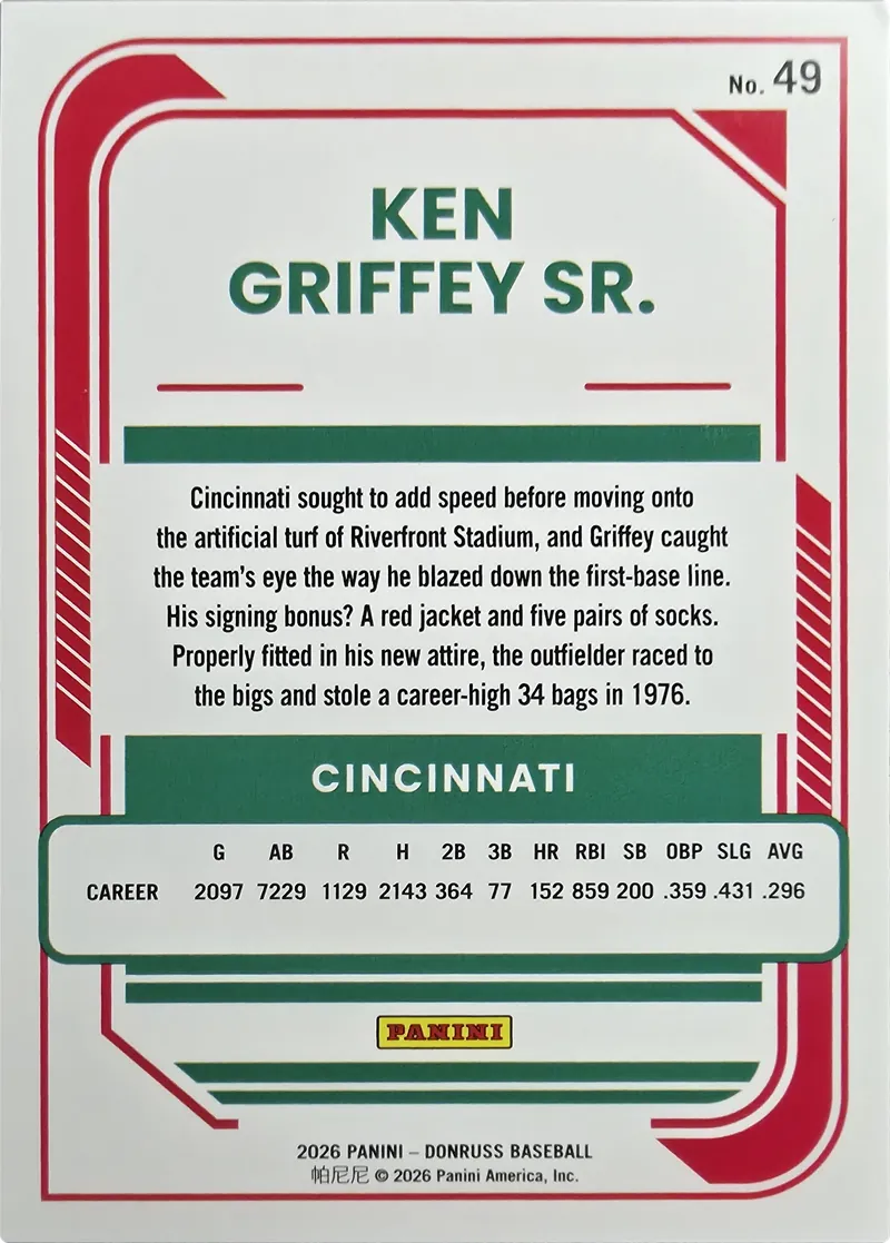 2026 Donruss Baseball Ken Griffey Sr. #49 Holo, back