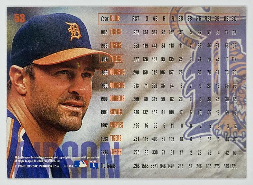 1995 Fleer Kirk Gibson #53 Detroit Tigers back