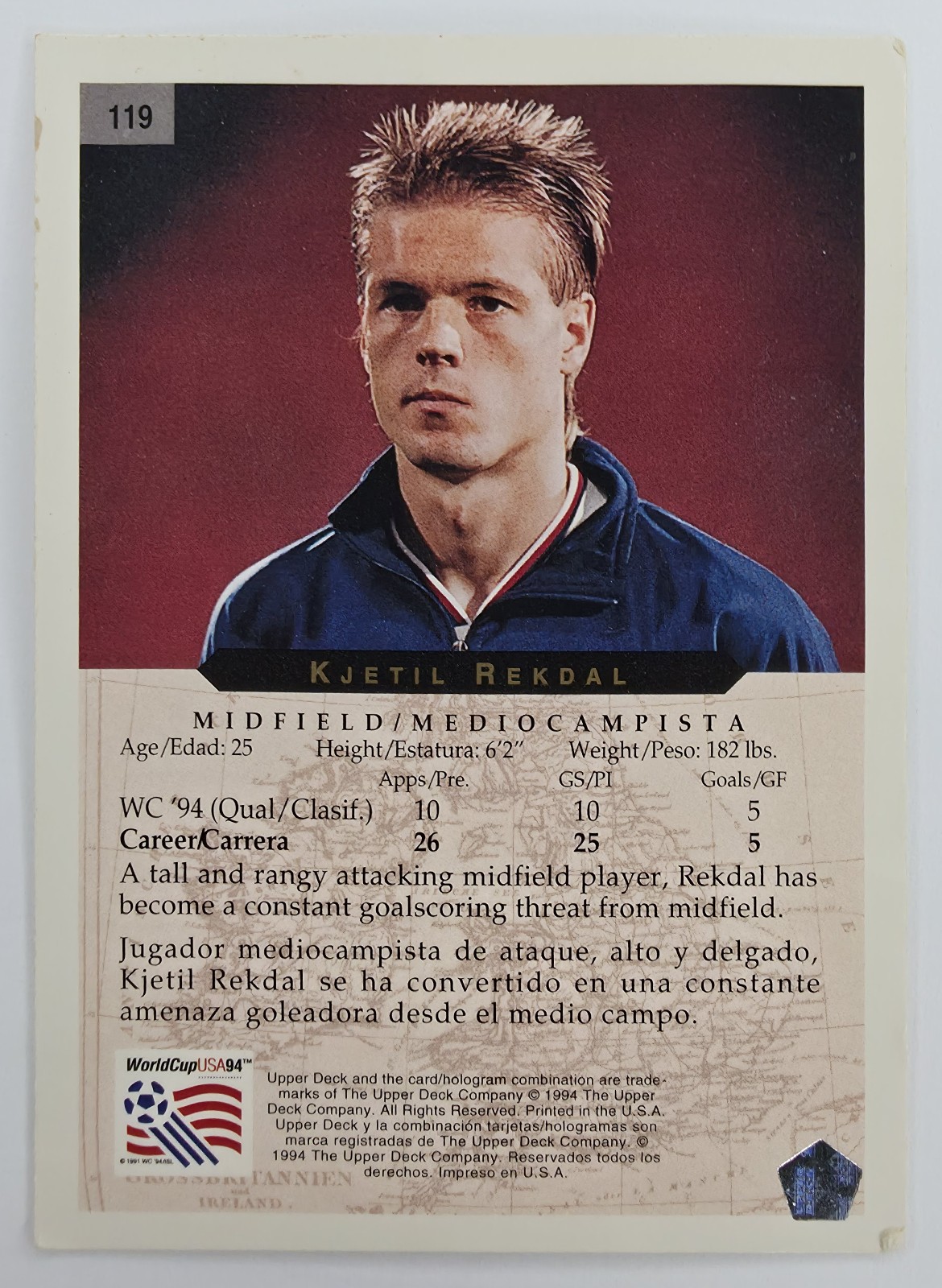 1994 Upper Deck World Cup English/Spanish Kjetil Rekdal #119 Norway back
