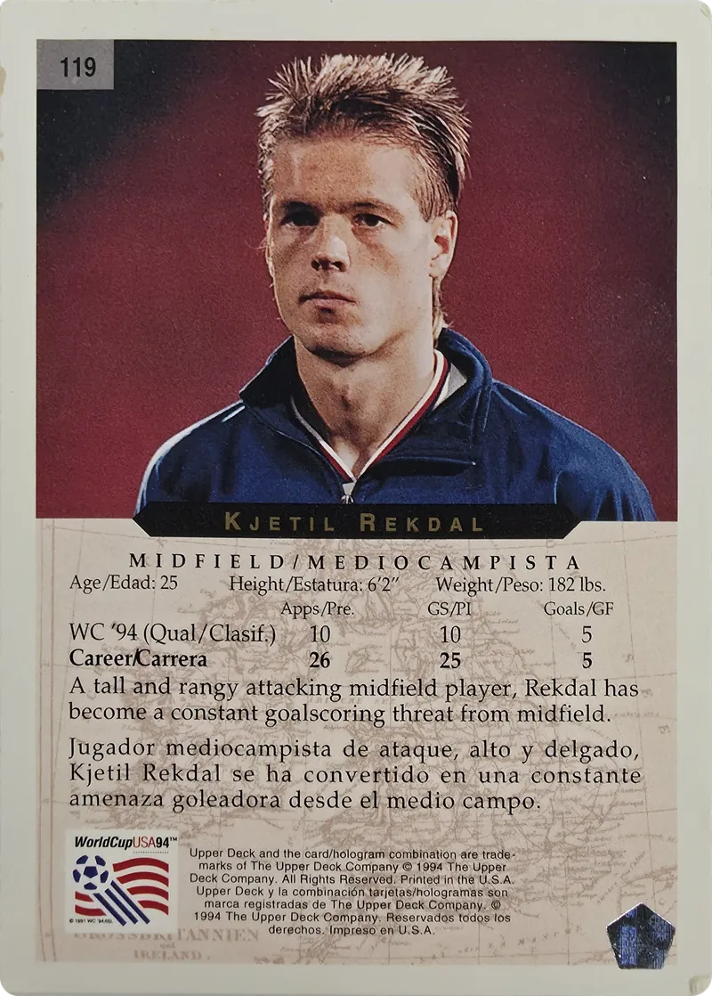 1994 Upper Deck World Cup English/Spanish Kjetil Rekdal #119 Norway, back
