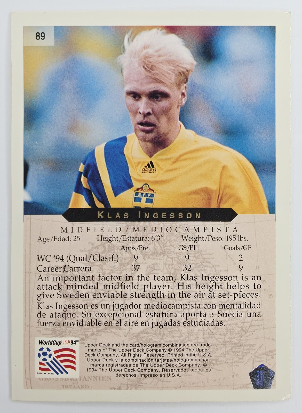 1994 Upper Deck World Cup English/Spanish Klas Ingesson #89 Sweden back