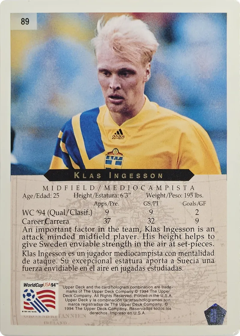 1994 Upper Deck World Cup English/Spanish Klas Ingesson #89 Sweden, back