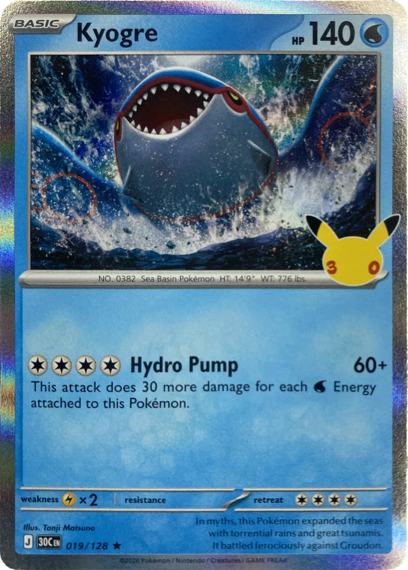 2026 Pokemon 30th Celebration Kyogre #019/128 Holo Rare front