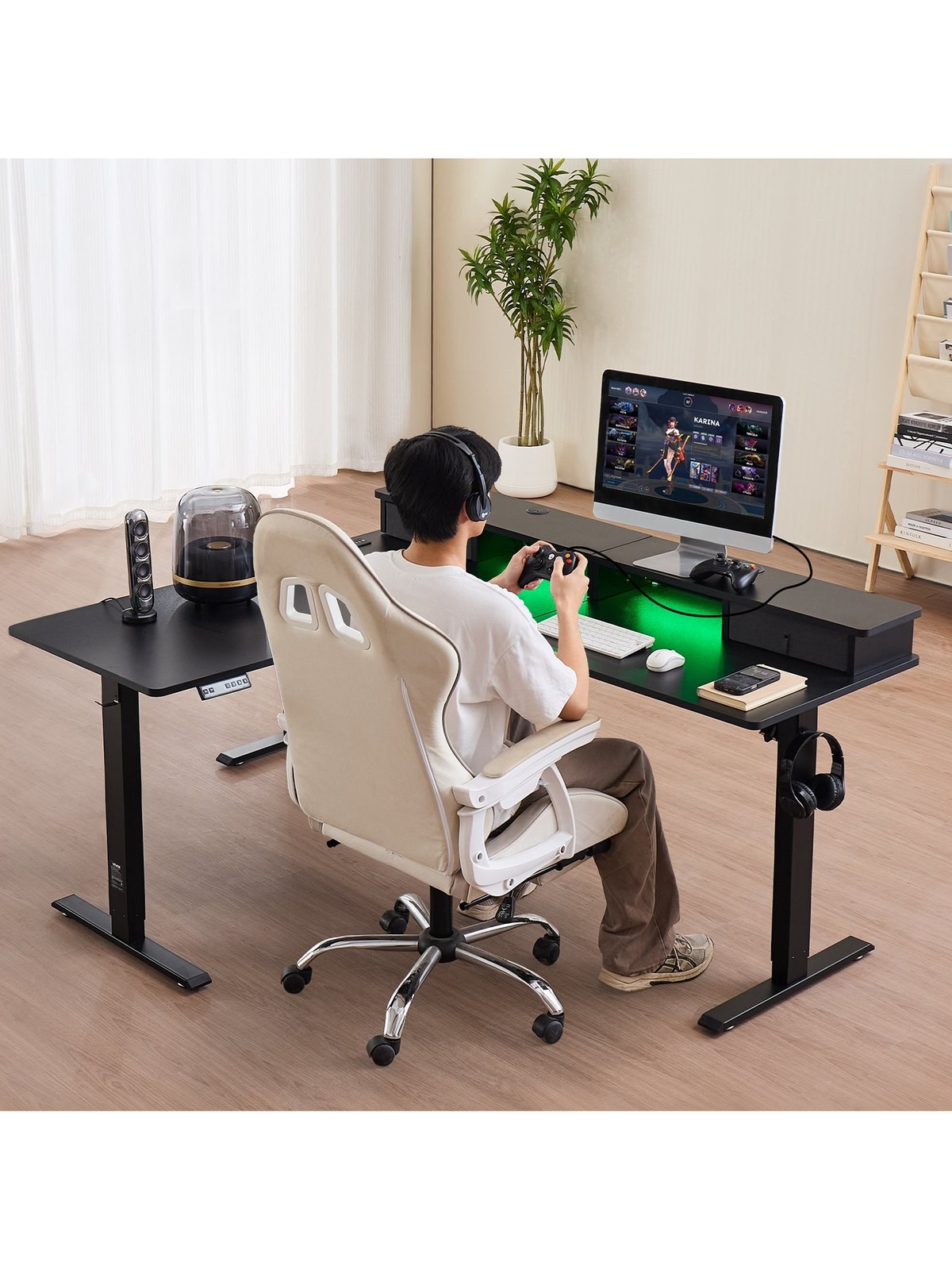 L-Shaped Electric Height-Adjustable Corner Gaming Desk with Light Stri, photo 2