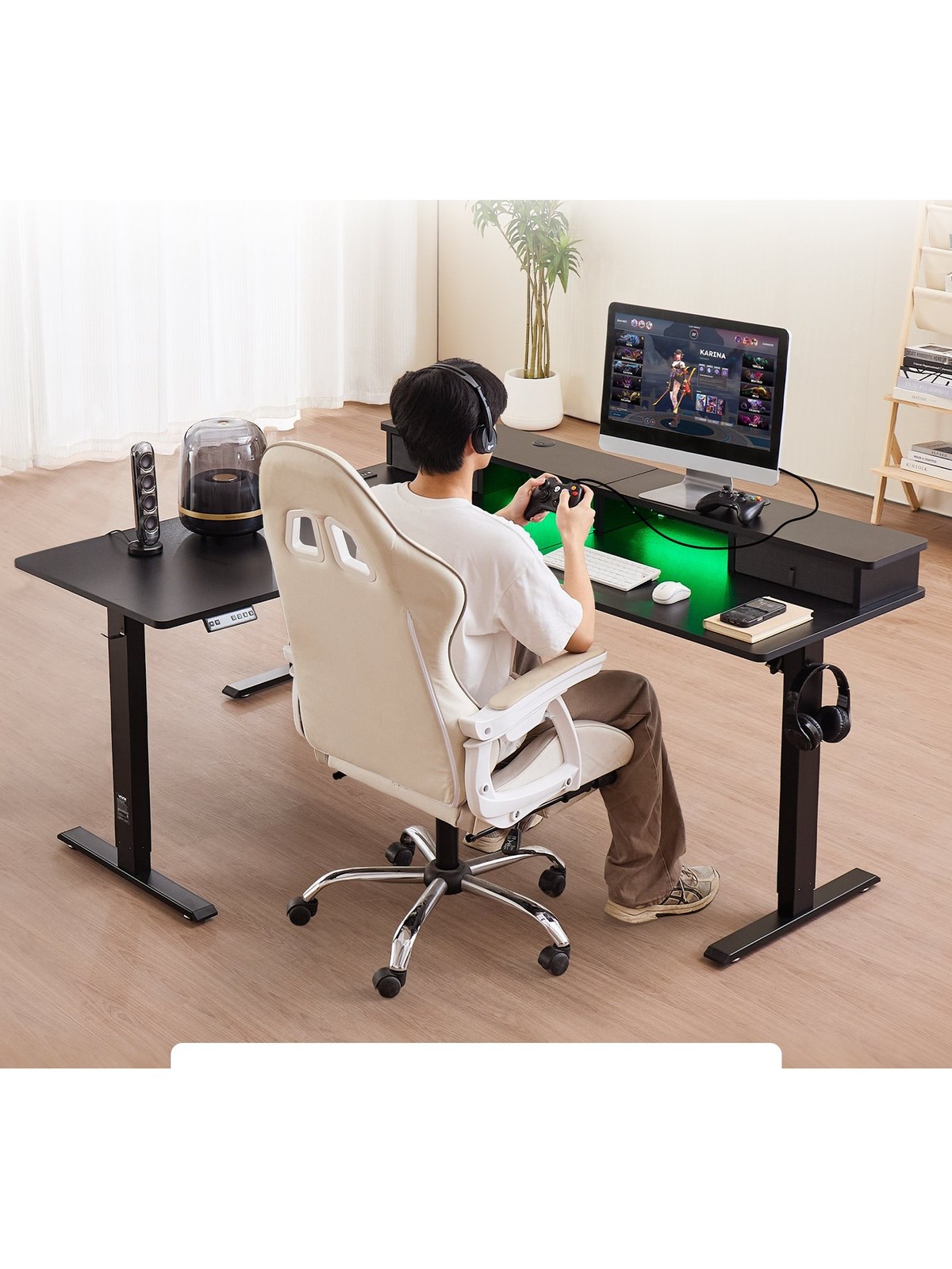 L-Shaped Electric Height-Adjustable Corner Gaming Desk with Light Stri, photo 3