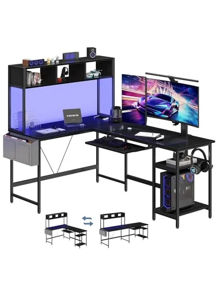 L-Shaped Gaming Desk, 67 In, Reversible with LED Shelf, photo 1