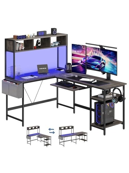 L-Shaped Gaming Desk, 67 In, Reversible with LED Shelf, photo 3