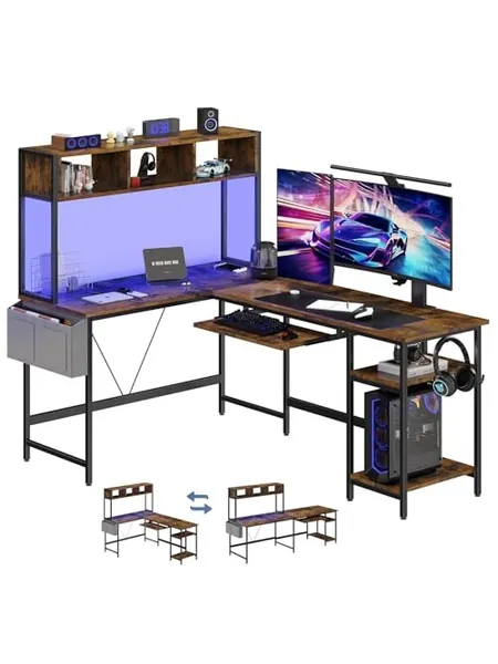 L-Shaped Gaming Desk, 67 In, Reversible with LED Shelf, photo 4