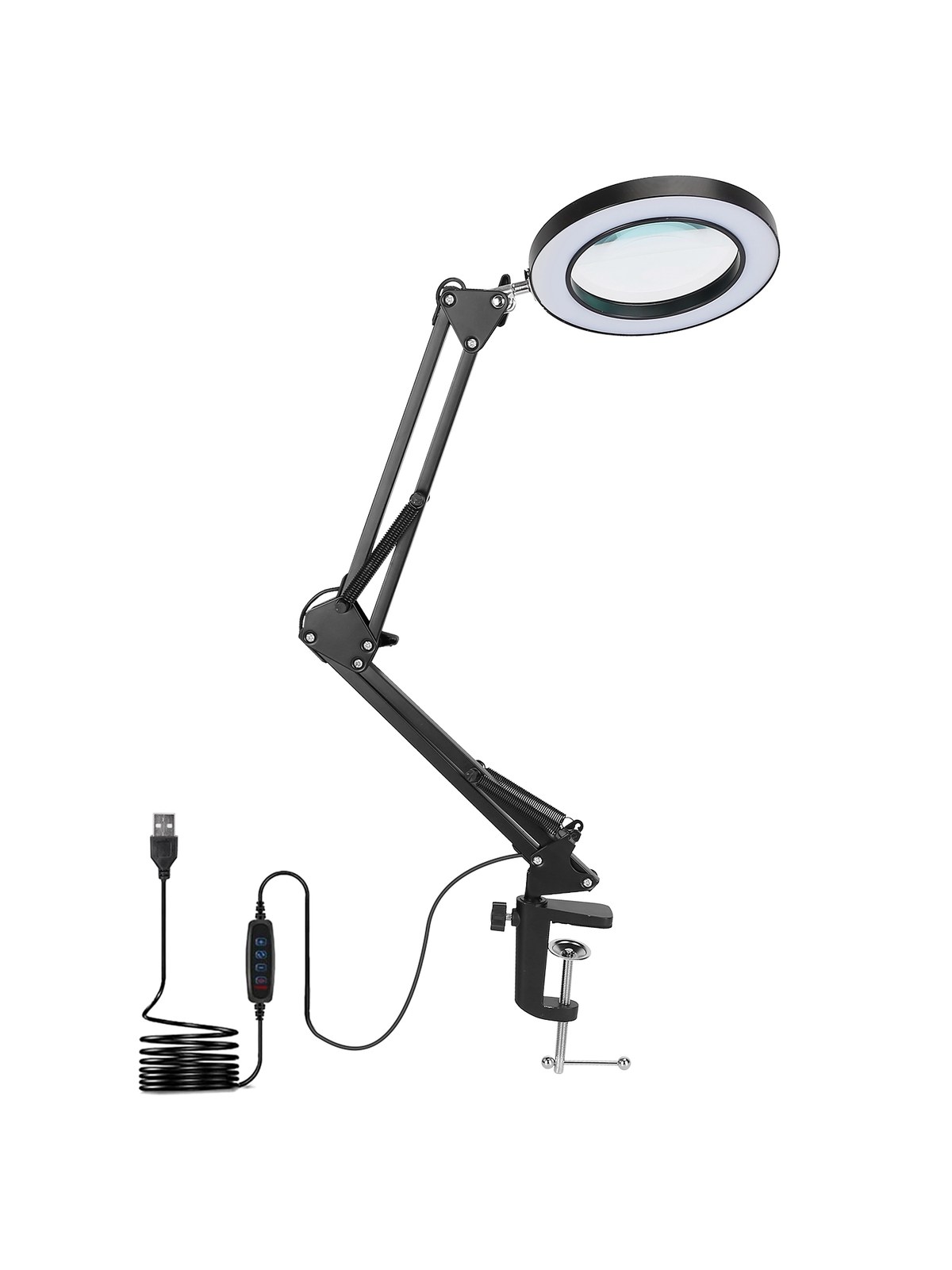 Black LED magnifier desk lamp with swing arm and glass lens, photo 1