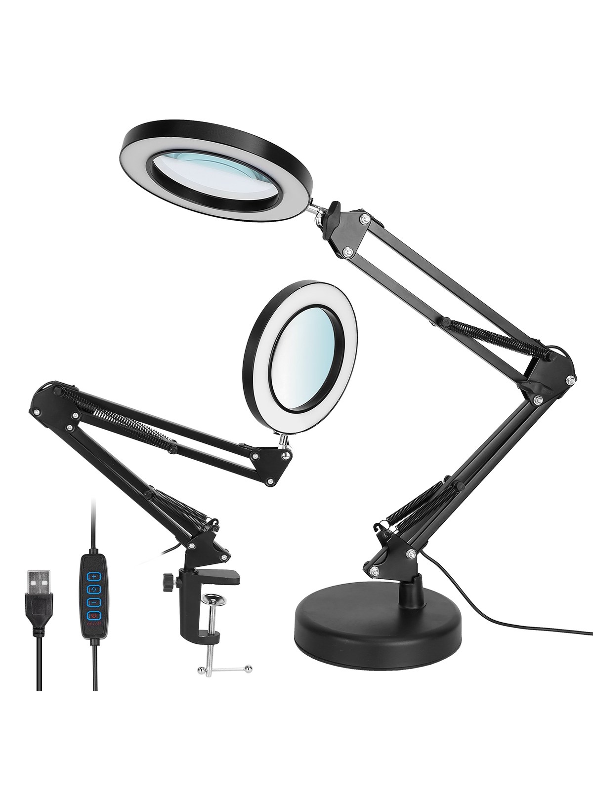 Black LED magnifier desk lamp with swing arm and glass lens, photo 3