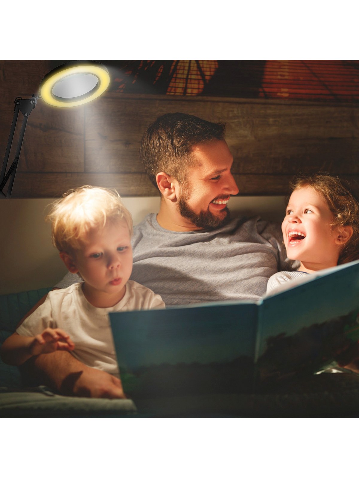 Black LED magnifier desk lamp with swing arm and glass lens, photo 4