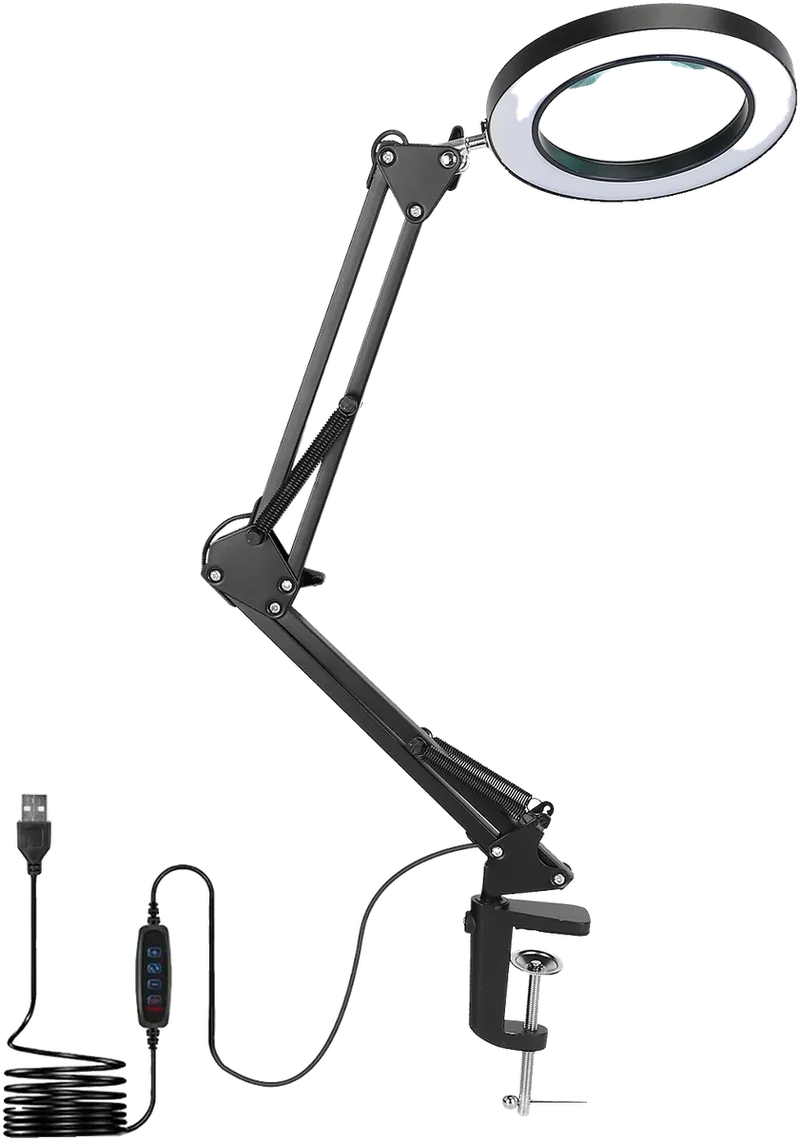 Black LED magnifier desk lamp with swing arm and glass lens, photo 1