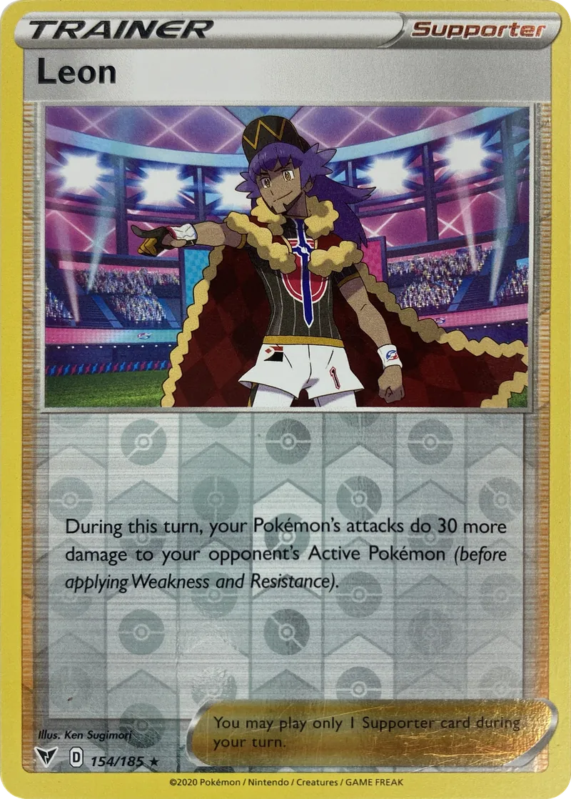 2020 Pokemon Sword & Shield Vivid Voltage Leon #154/185 Reverse Holo Rare front