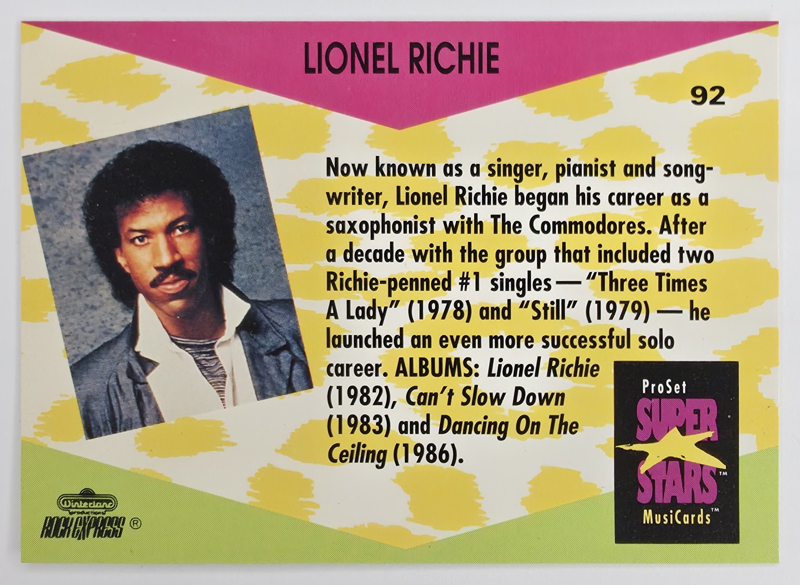 1991 Pro Set SuperStars MusiCards Lionel Richie #92 back