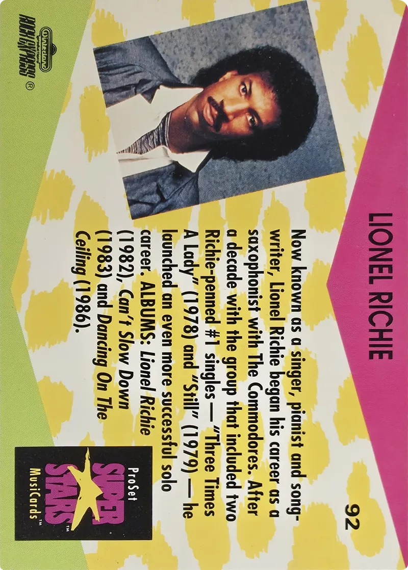 1991 Pro Set SuperStars MusiCards Lionel Richie #92, back