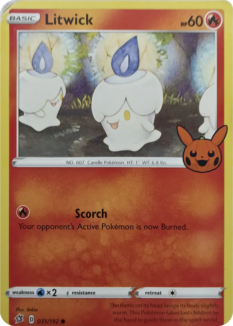 2020 Pokemon Rebel Clash Litwick #031/192 Trick or Trade Stamp, front