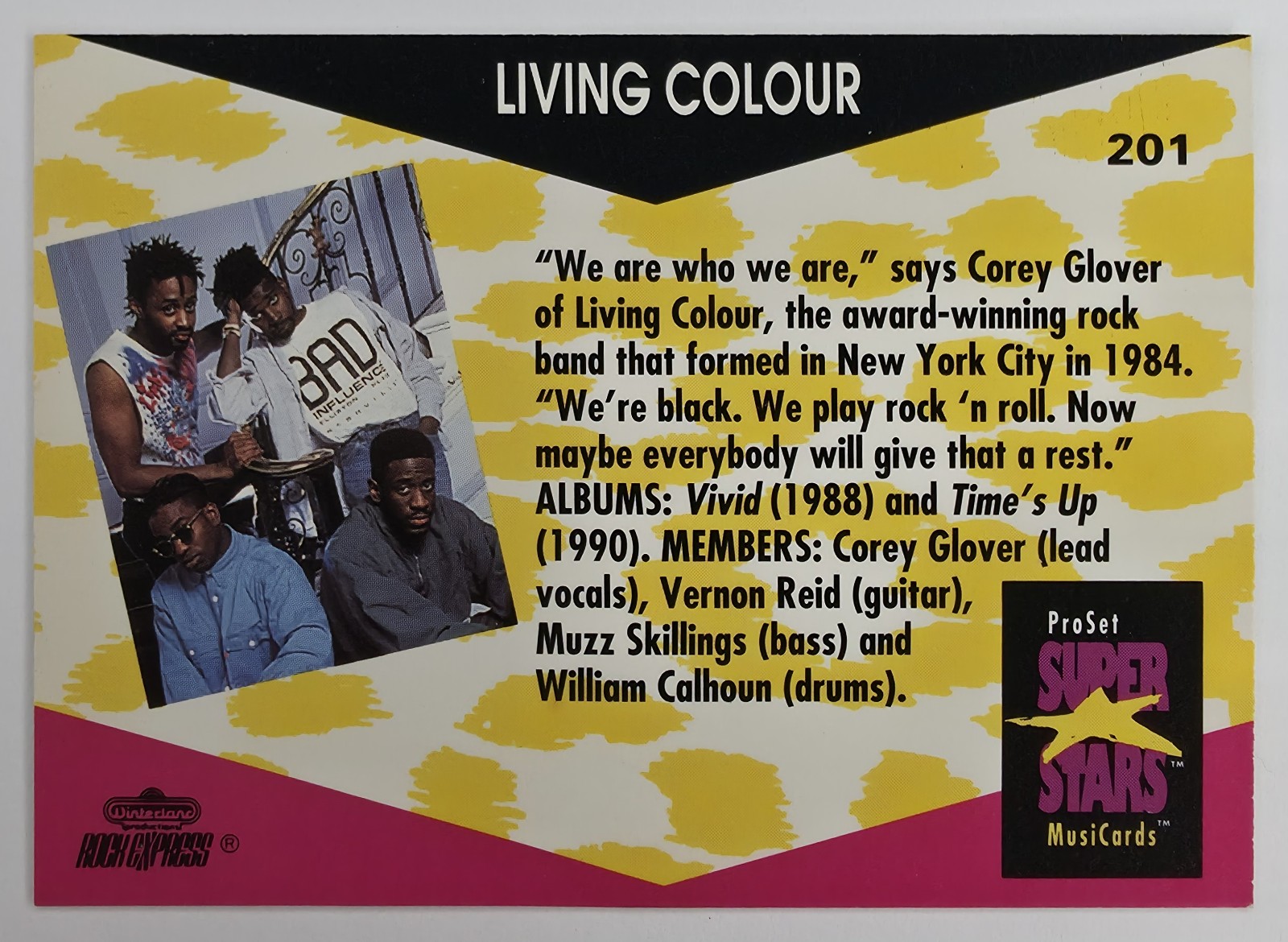 1991 Pro Set SuperStars MusiCards Living Colour #201 back