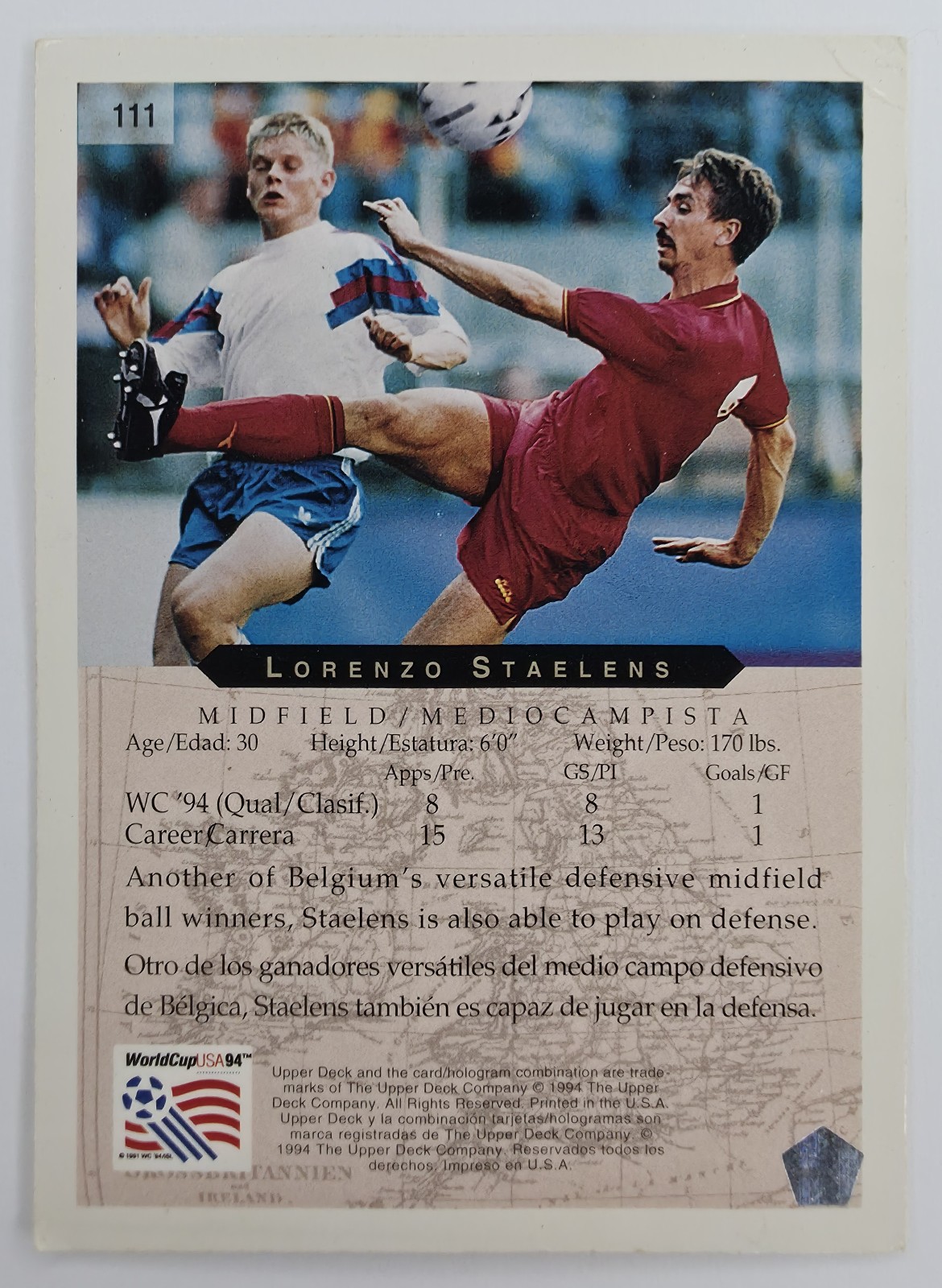 1994 Upper Deck World Cup English/Spanish Lorenzo Staelens #111 Belgium back