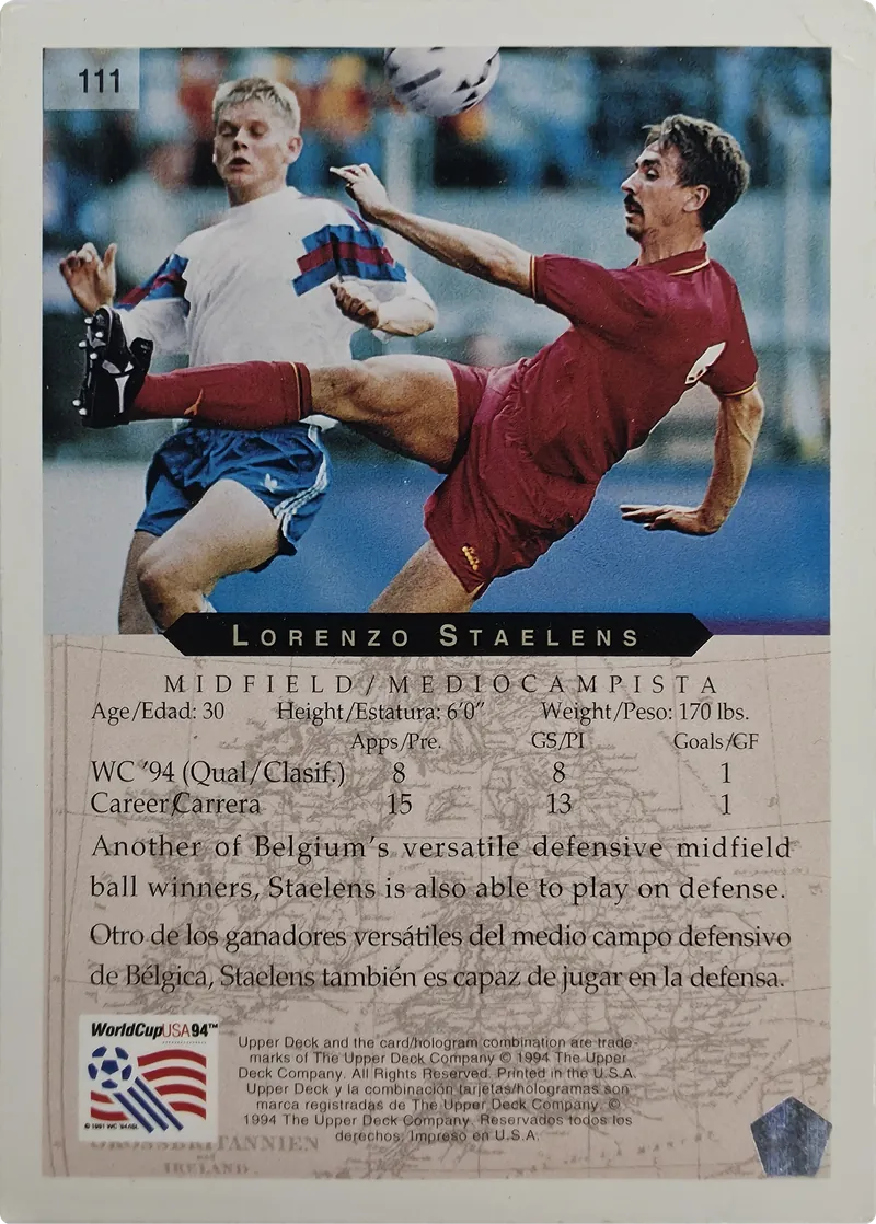 1994 Upper Deck World Cup English/Spanish Lorenzo Staelens #111 Belgium, back