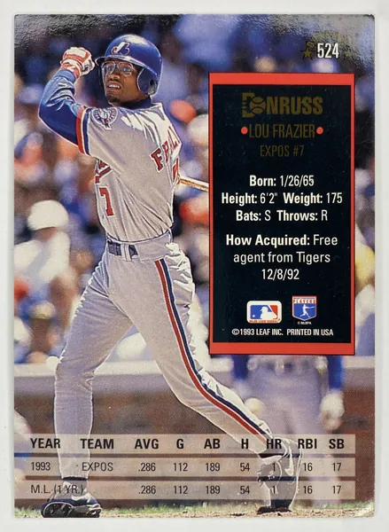 1994 Donruss Lou Frazier #524 Montreal Expos back