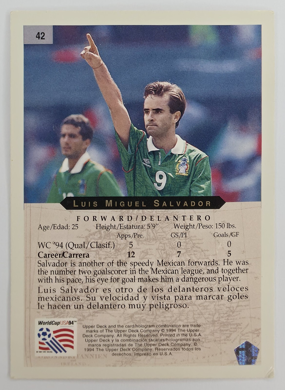 1994 Upper Deck World Cup English/Spanish Luis Miguel Salvador #42 Mexico back