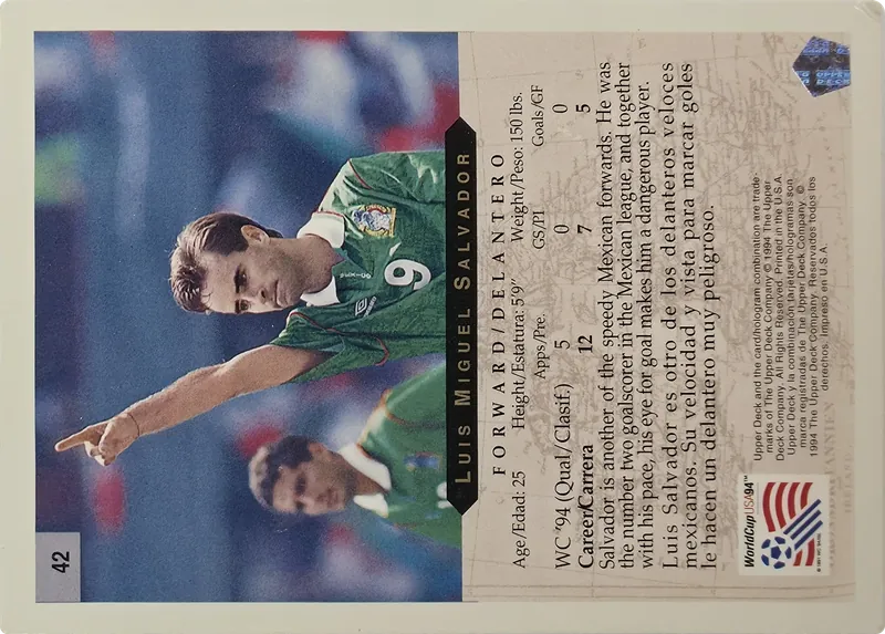 1994 Upper Deck World Cup English/Spanish Luis Miguel Salvador #42 Mexico, back