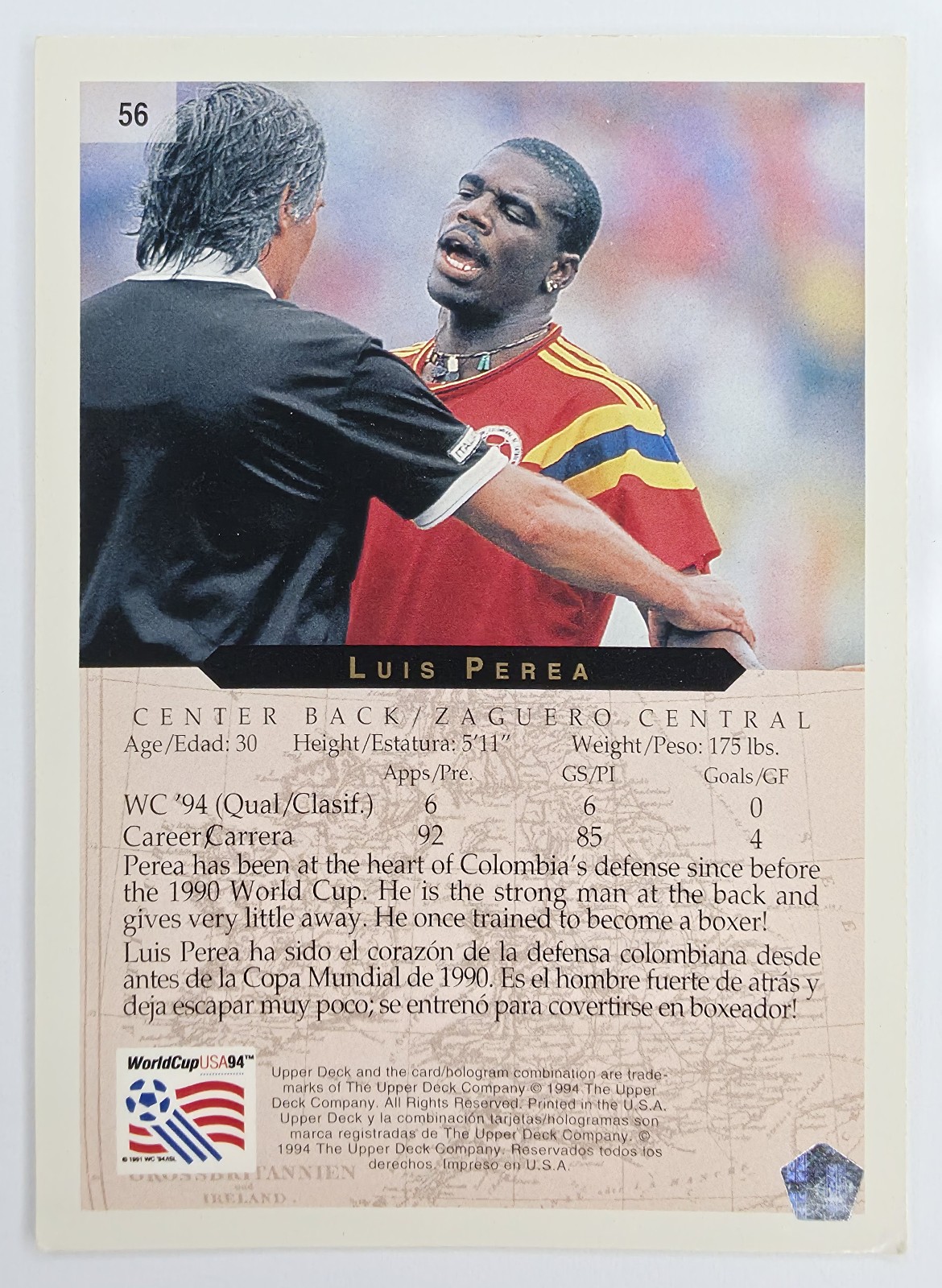 1994 Upper Deck World Cup English/Spanish Luis Perea #56 Colombia back