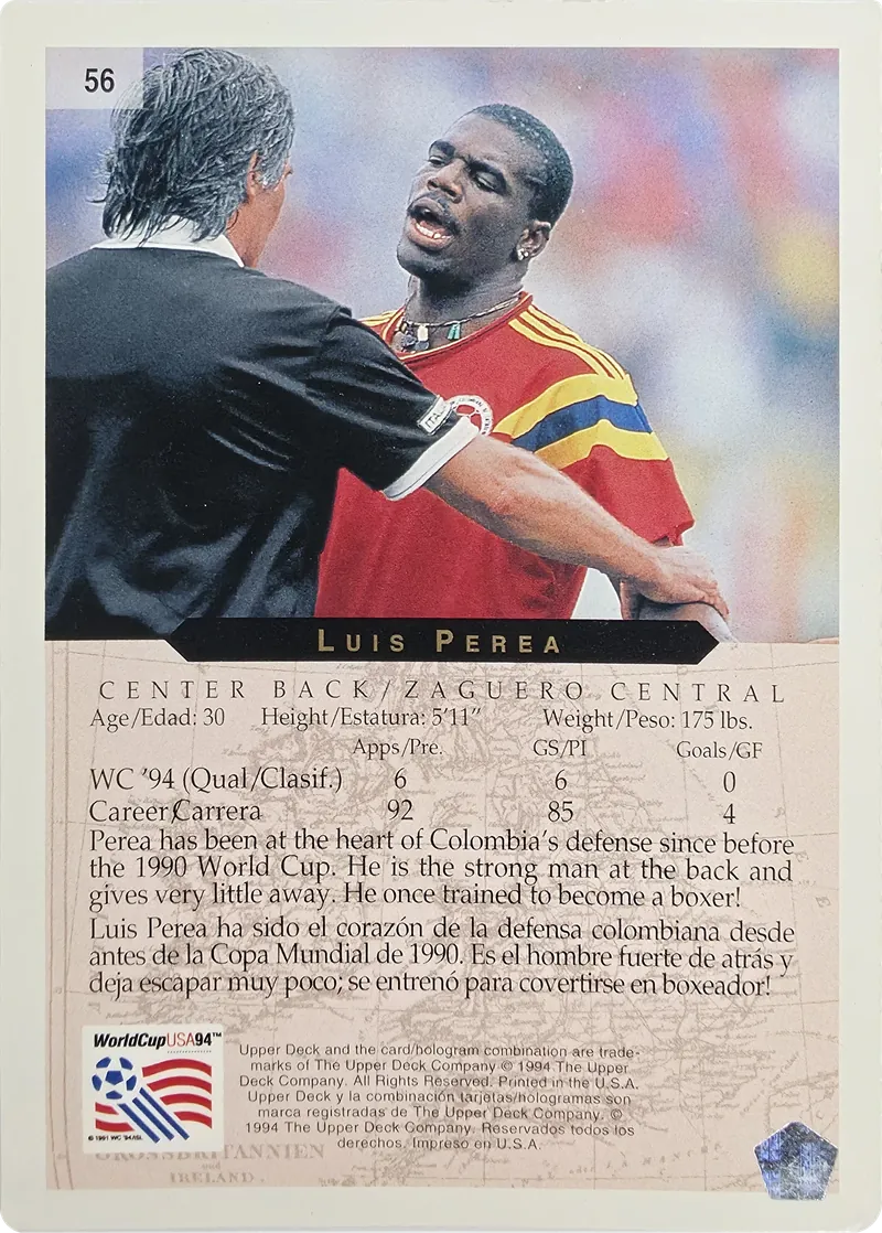 1994 Upper Deck World Cup English/Spanish Luis Perea #56 Colombia, back