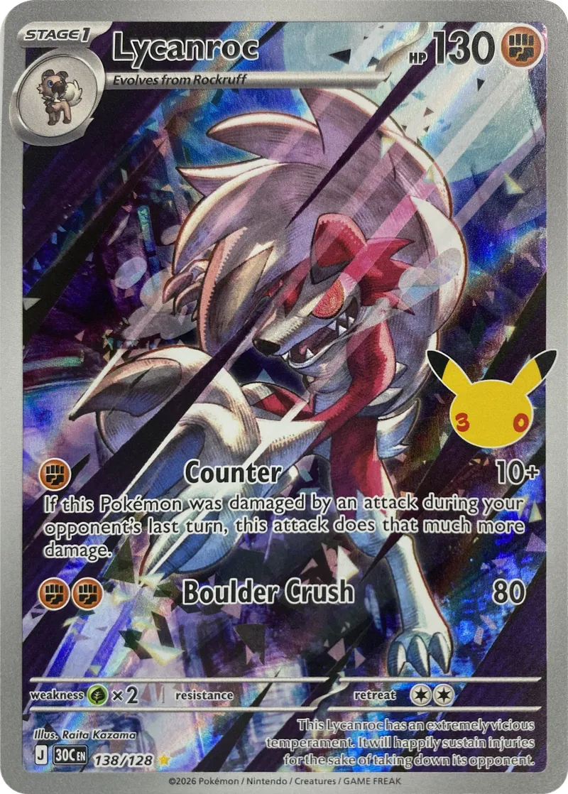 2026 Pokemon 30th Celebration Lycanroc #138/128 Illustration Rare Holo front