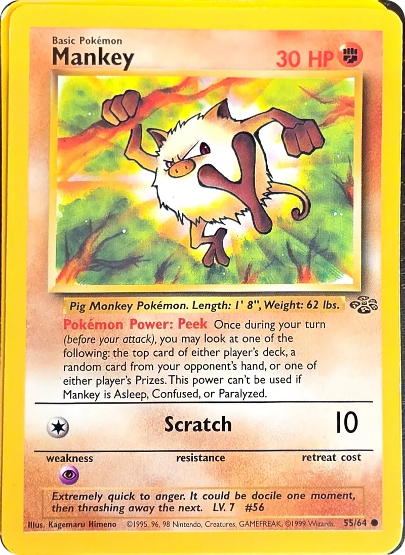 1999 Pokemon Jungle Mankey #55/64 Unlimited Common, front