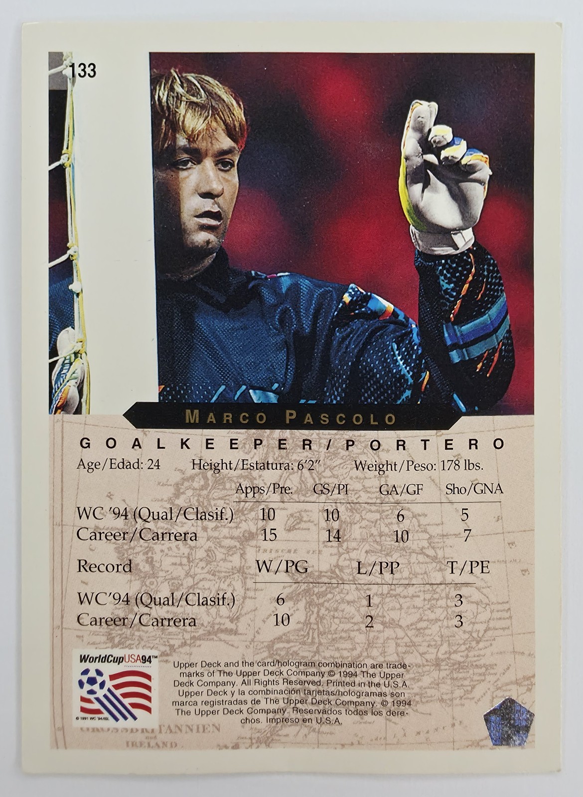 1994 Upper Deck World Cup English/Spanish Marco Pascolo #133 Switzerland back