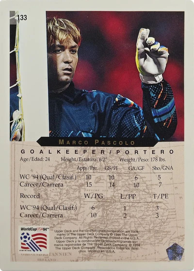 1994 Upper Deck World Cup English/Spanish Marco Pascolo #133 Switzerland, back