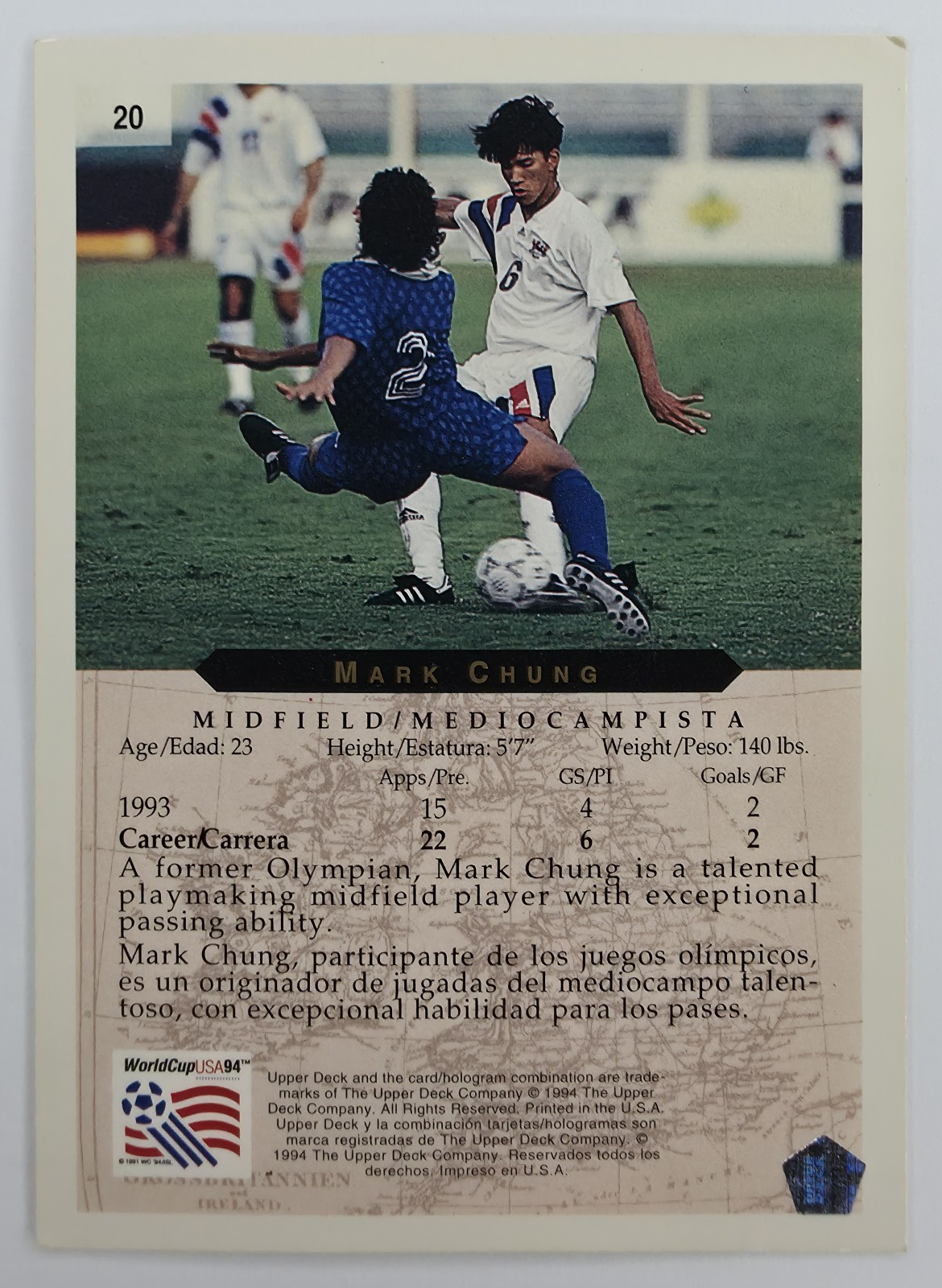 1994 Upper Deck World Cup English/Spanish Mark Chung #20 USA back