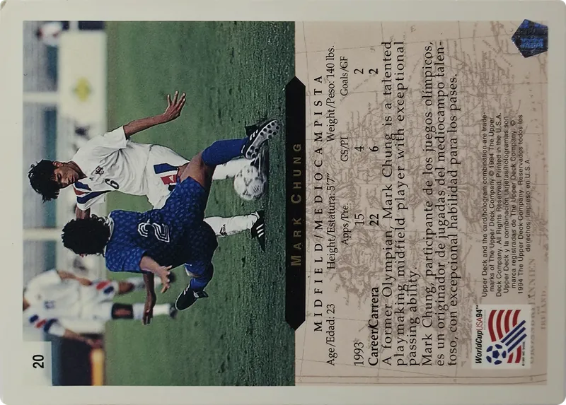 1994 Upper Deck World Cup English/Spanish Mark Chung #20 USA, back