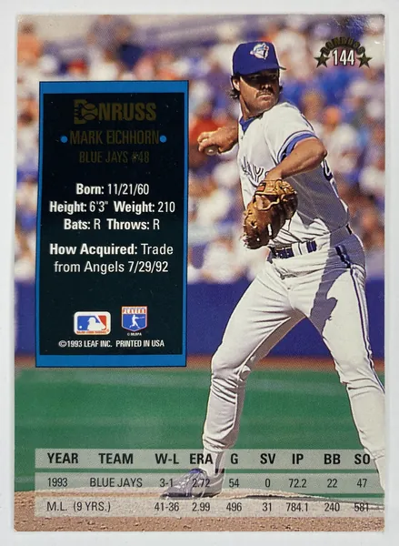 1994 Donruss Mark Eichhorn #144 Toronto Blue Jays back