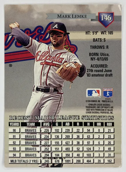 1995 Donruss Mark Lemke #146 Atlanta Braves back