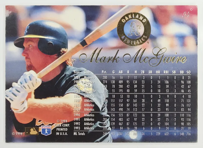 1994 Flair Mark McGwire #94 Oakland Athletics back