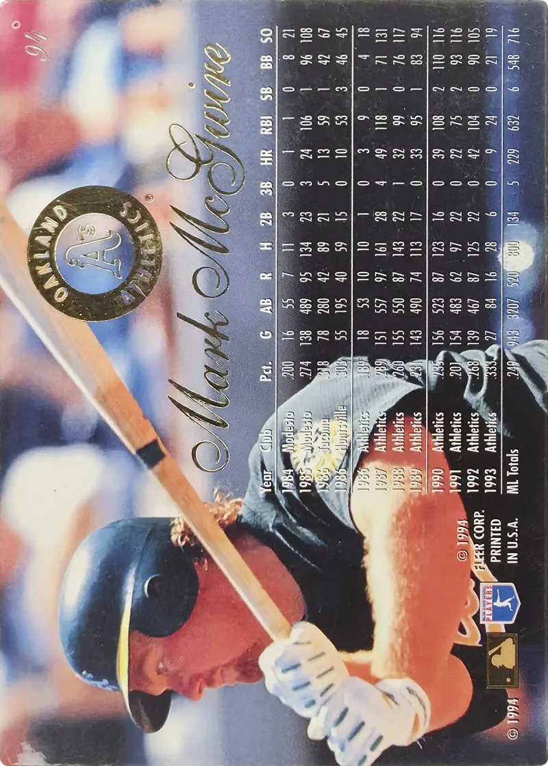 1994 Flair Mark McGwire #94 Oakland Athletics, back