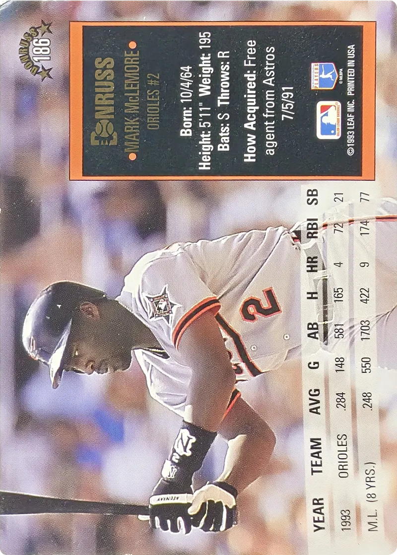 1994 Donruss Mark McLemore #186 Baltimore Orioles, back