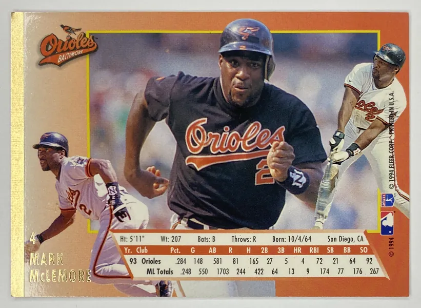 1994 Fleer Ultra Mark McLemore #4 Baltimore Orioles back