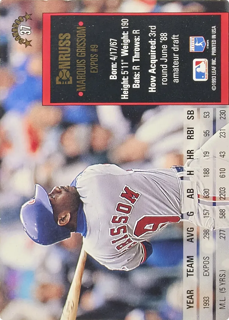 1994 Donruss Marquis Grissom #37 Montreal Expos, back