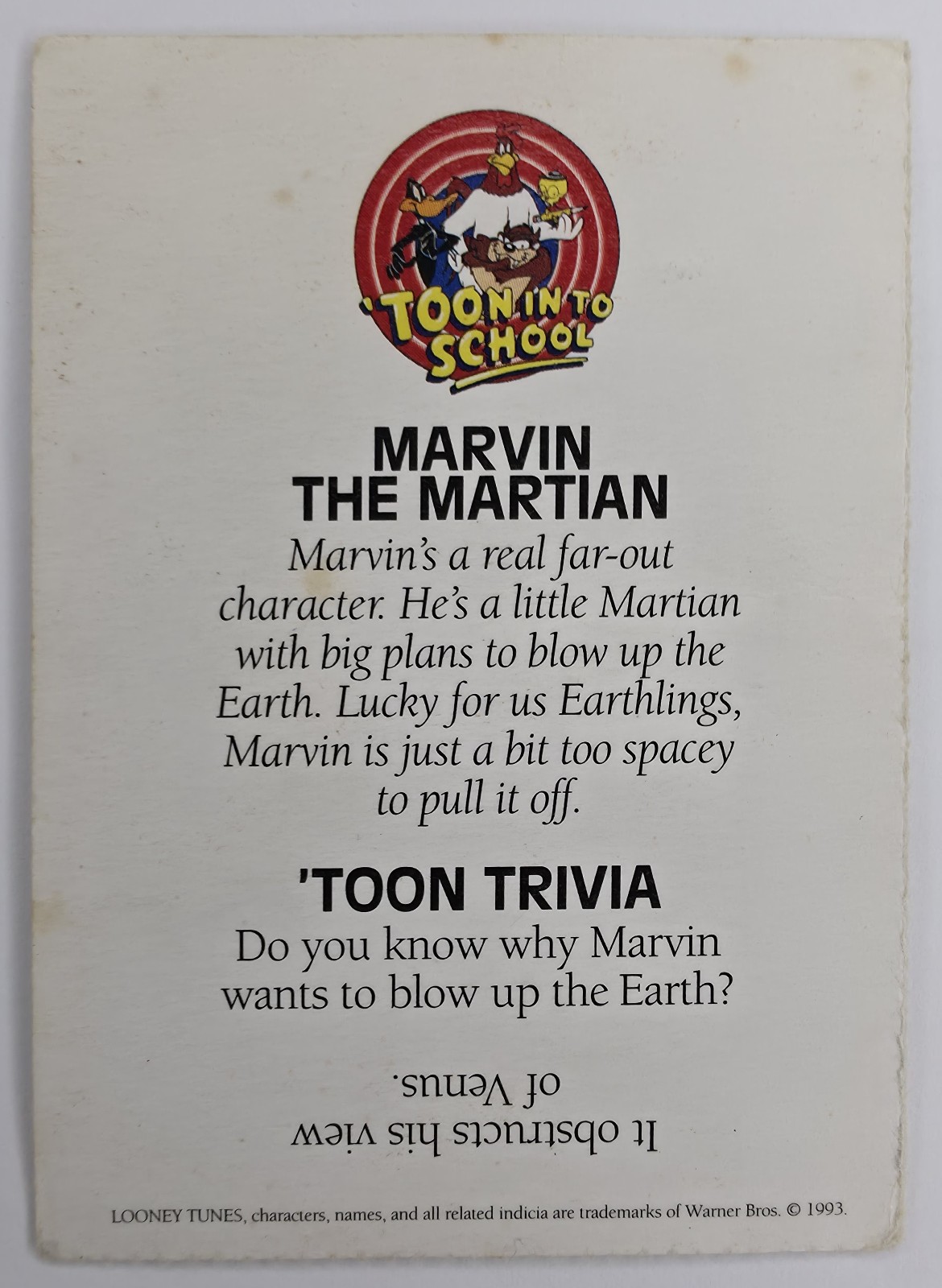 Marvin the Martian 'Toon In To School card back