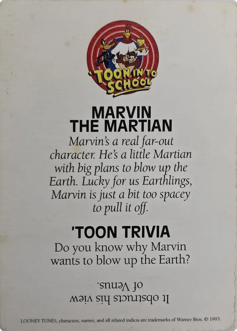 1993 Warner Bros. Looney Tunes 'Toon In To School Marvin the Martian, back