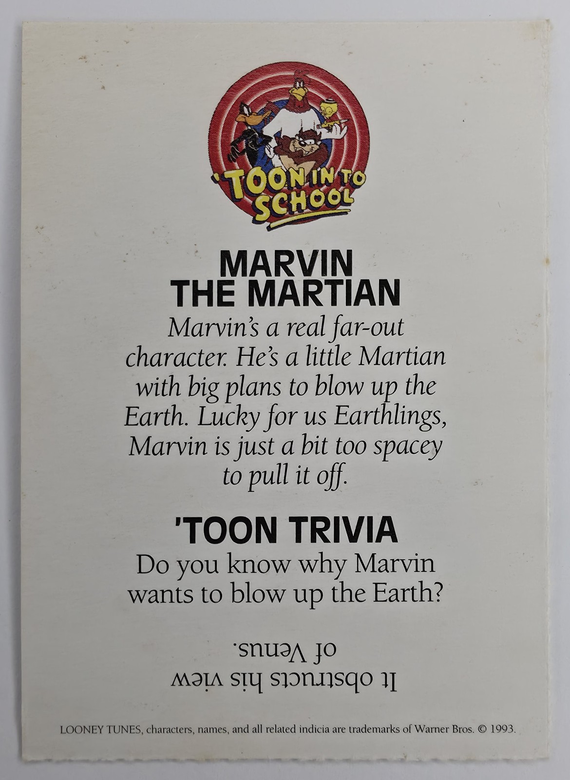 Marvin the Martian 'Toon In To School card back