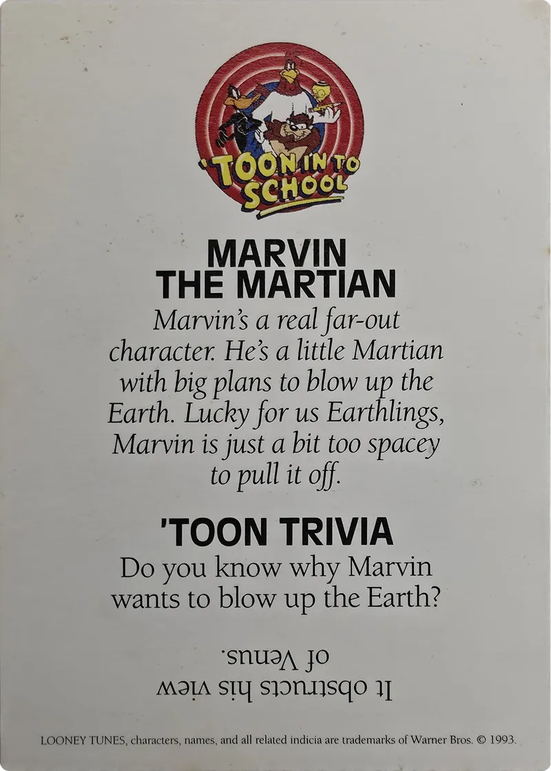 1993 Warner Bros. Looney Tunes 'Toon In To School Marvin the Martian, back