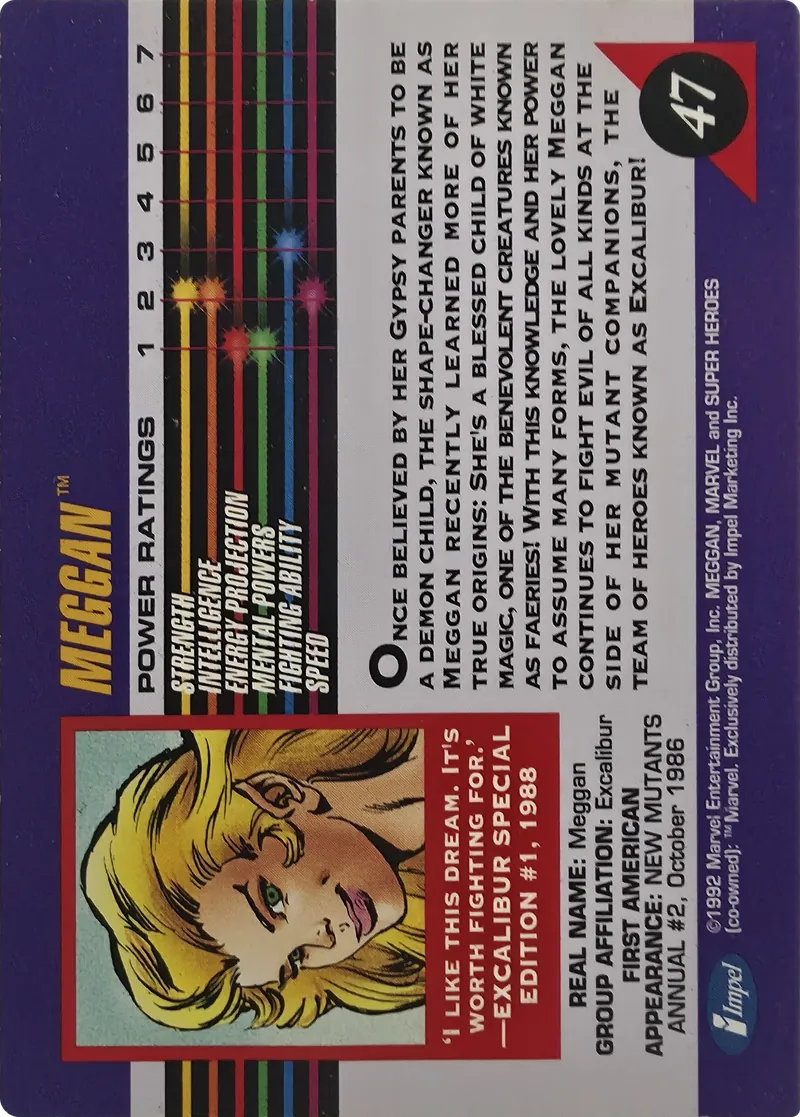 1992 Impel Marvel Universe Series III Meggan #47, back