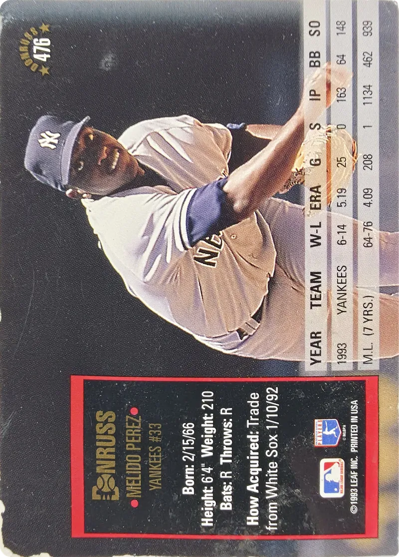 1994 Donruss Melido Perez #476 New York Yankees, back