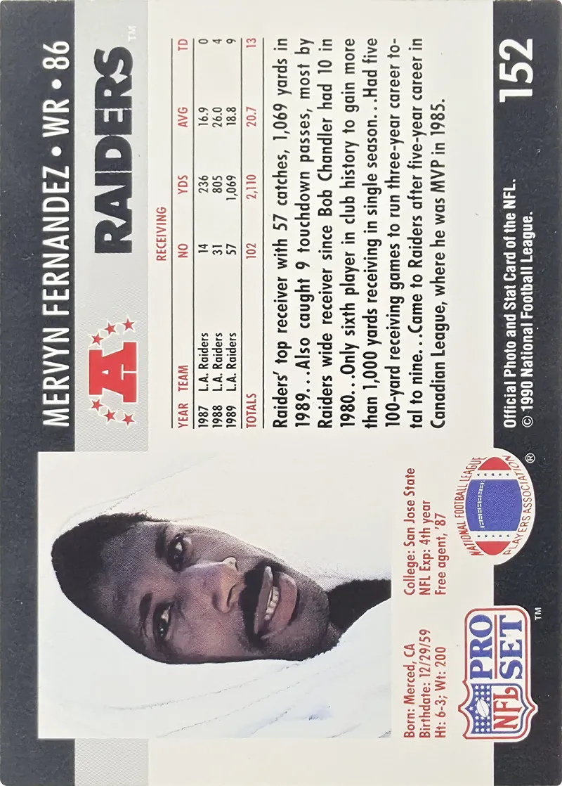 1990 Pro Set Mervyn Fernandez #152, back