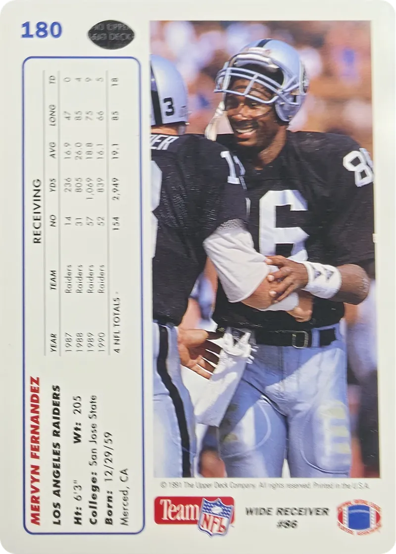1991 Upper Deck Mervyn Fernandez #180, back